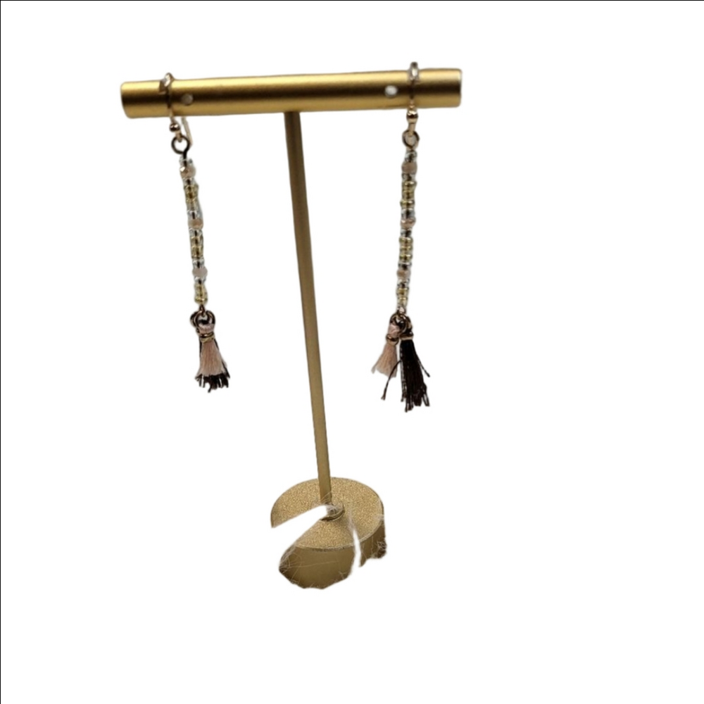 Gold Tan Clear Beaded Tassel Drop Earrings